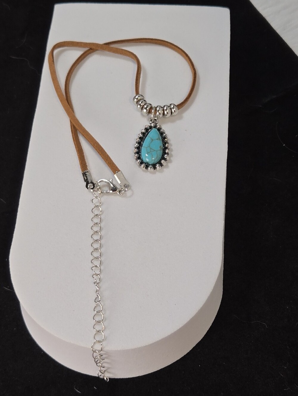 Turquoise Teardrop Pendant Necklace Boho Layered Suede Cord Jewelry Desert Chic - Picture 5 of 5